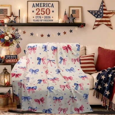Patriotic Bows Stars Blanket: Red, White, and Blue Ribbon Design