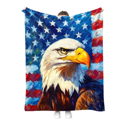 Bald Eagle Portrait Blanket with American Flag Art