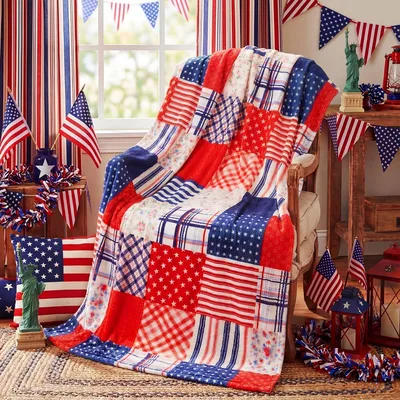 Patriotic Patchwork Stars Stripes Blanket Features Red White