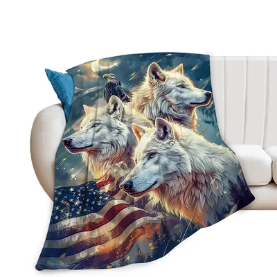 Patriotic Wolves Blanket: Three Wolves, Eagle and Flag