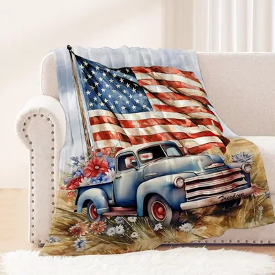 Vintage Truck Blanket with American Flag and Freedom