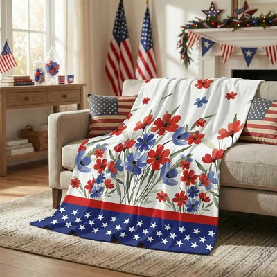 Red White Blue Floral Blanket for Patriotic Days