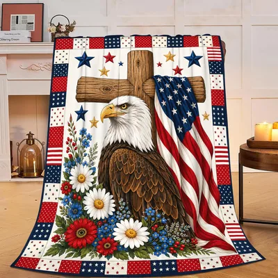 Bald Eagle Cross Blanket: Patriotic Throw With Flag and Flowers