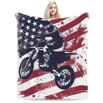 Dirt Bike Rider American Blanket: Motocross Flag Art