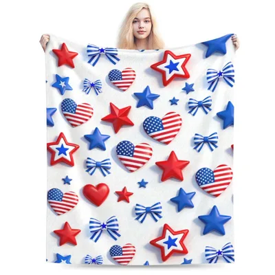 Patriotic Stars Hearts and Bows Blanket with Red