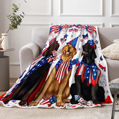 Fourth of July Dog Blanket With Three Patriotic Pups