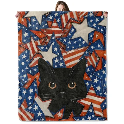 Black Cat Patriotic Blanket for Flag-Loving Cat Fans