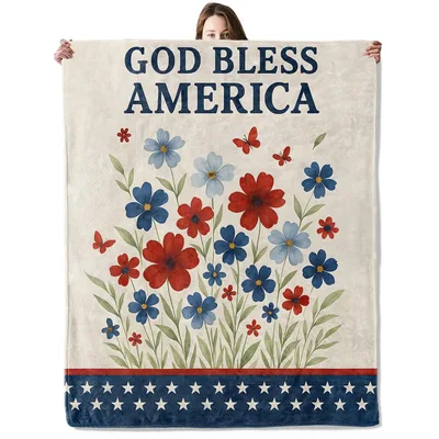 Red White Blue Flowers Blanket with God Bless America
