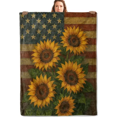 Patriotic Sunflower Blanket with a Vintage Flag