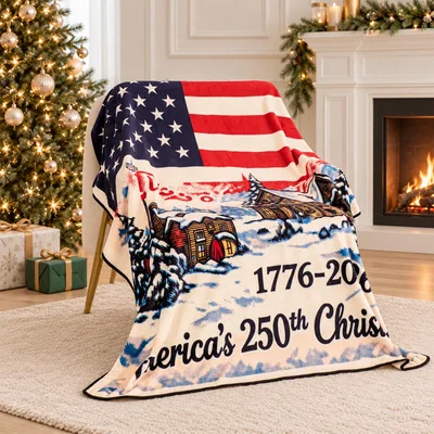 Patriotic Christmas Blanket with Snowy Cabin and Flag