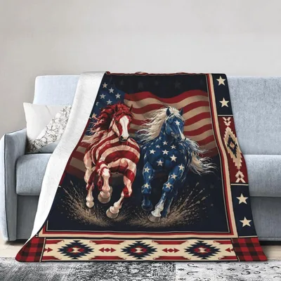 American Flag Running Horses Blanket: Patriotic Art Design