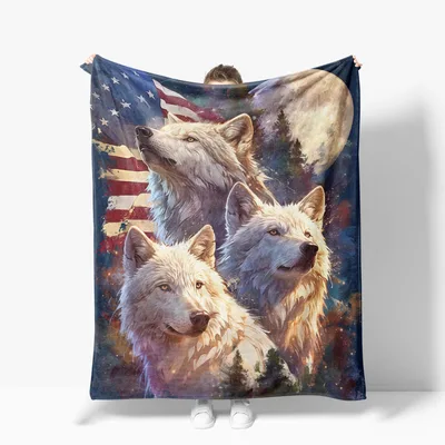 Wolves with American Flag Blanket: Wild Wolf Art for Patriotic Homes