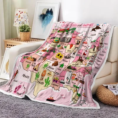 United States Map Blanket: Pink Cartoon USA Geography with State Icons