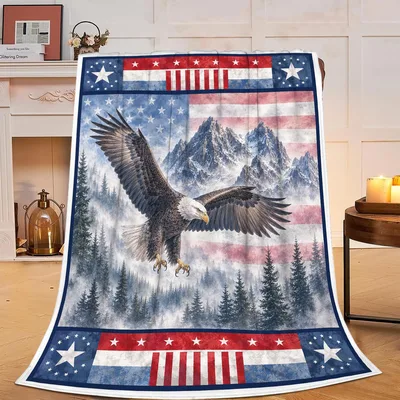 Eagle Over Mountains Blanket: Patriotic Eagle and Flag Design