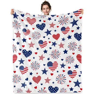 Patriotic Hearts and Fireworks Blanket features red white