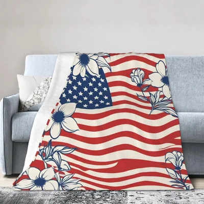 American Flag with Flowers Blanket: Wavy Stripes and Floral Art