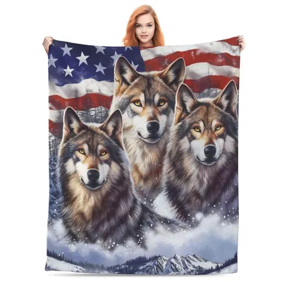 Wolves with American Flag Blanket No. 2 – Wolves