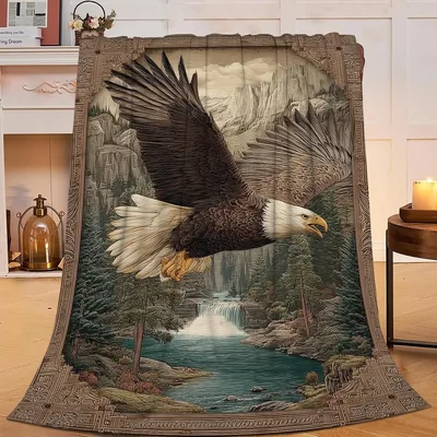 Bald Eagle Flying Over Waterfall Blanket: Wild Nature Art