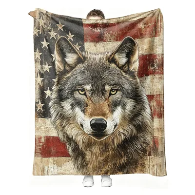 Wolf with American Flag Blanket: Retro Wolf and Stars Design