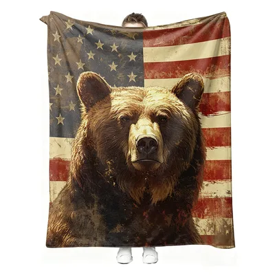 Brown Bear American Flag Blanket: Retro Patriotic Grizzly Design