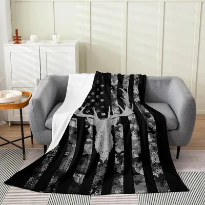 Black Camo American Flag Blanket with Deer Antler Silhouette Design