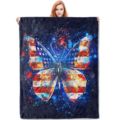 Patriotic Flag Butterfly Blanket: USA Flag Art with Fireworks