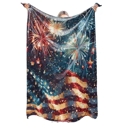 Fireworks Over American Flag Blanket Pixel Art Celebration