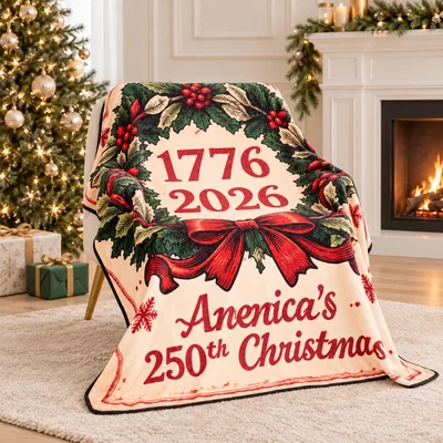 America 250th Christmas Wreath Blanket Celebrating 1776 to 2026
