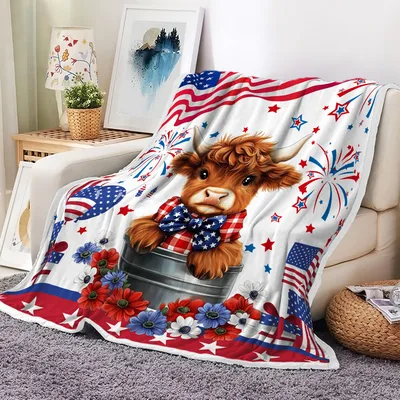 4th of July Highland Blanket: Patriotic Cow with Fireworks and Flowers