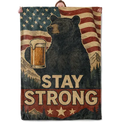 Stay Strong Bear Blanket: Patriotic Black Bear with Flag and Beer