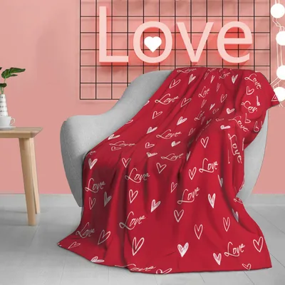 Love Script and Hearts Blanket: Red Print with White Script