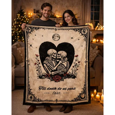 Till death Blanket: Skeleton Couple Gothic Romance Throw