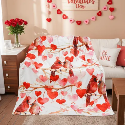 Valentine's Day Cardinals Blanket: Red Birds Among Hearts