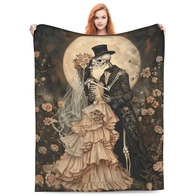 Gothic Skeleton Wedding Blanket: Moonlit Skull Bride and Groom