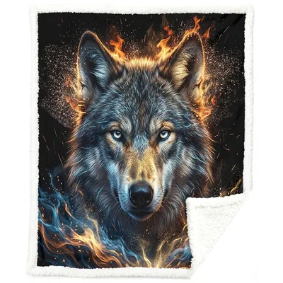 Fire Wolf Portrait Blanket: Fiery Canine Art for Cozy Nights