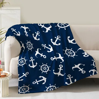 Nautical Anchor Pattern Blanket: Navy Blue Ship Decor for Sailors