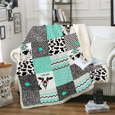 Cow Print Patchwork Squares Blanket with Cute Cow Illustrations
