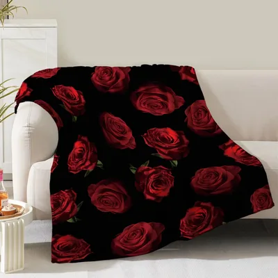 Red Roses Pattern Blanket: Deep Red Floral Design on Black