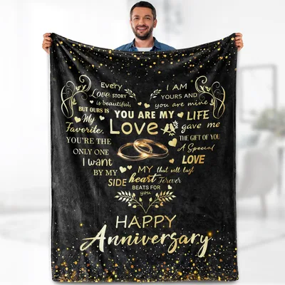 Happy Anniversary Heart Words Blanket featuring gold rings