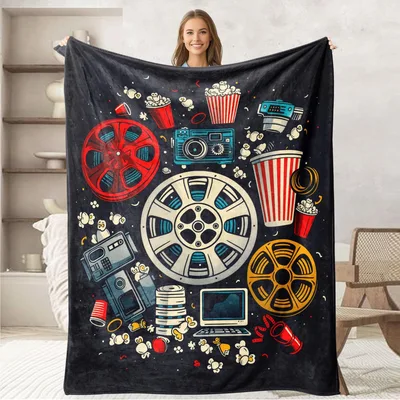 Movie Night Retro Icons Blanket featuring vintage film reels