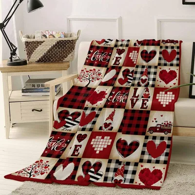 Love Hearts Buffalo Plaid Blanket: Cozy Retro Heart Gnome Design