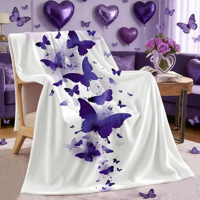 Purple Butterflies on White Blanket: A Soft Floral Design for Spring