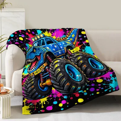 Monster Truck Paint Splatter Blanket featuring a blue dinosaur truck