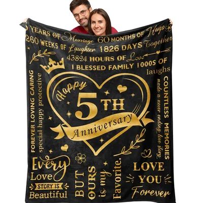 Happy 5th Anniversary Hearts Blanket featuring gold text listing years
