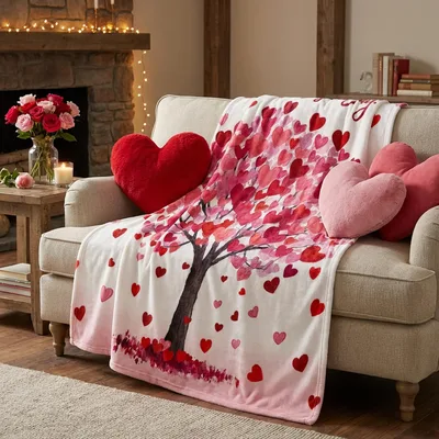 Love Hearts Tree Pink Blanket features a watercolor tree