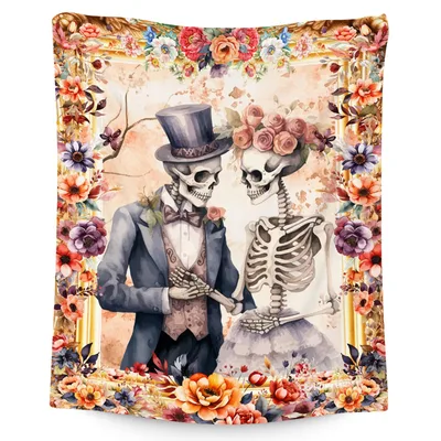 Skeleton Couple Wedding Floral Blanket: Gothic Romance Design