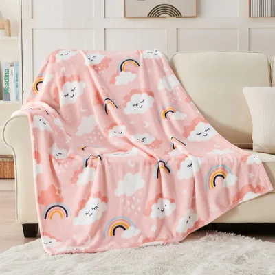 Pink Rainbow Blanket with Smiling Clouds for Kids