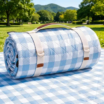 Blue Gingham Picnic Blanket for Park Days and Lawn Lounging