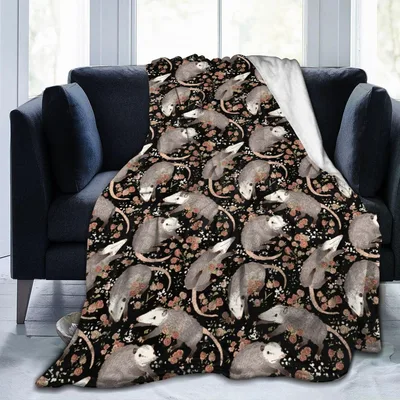 Possum Floral Blanket: Opossums Among Roses on Black