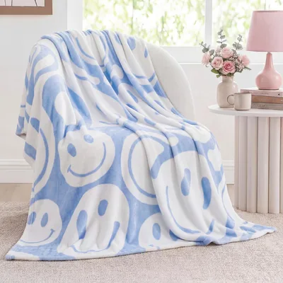 Smiley Face Blanket in Soft Blue and White